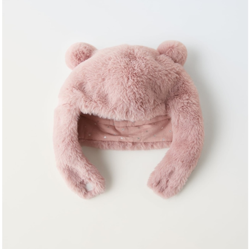 NWT Zara 1-3Y faux fur pink hat with pom pom ears